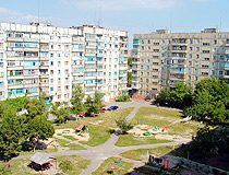 Courtyard of typical Soviet apartment buildings in Mariupol